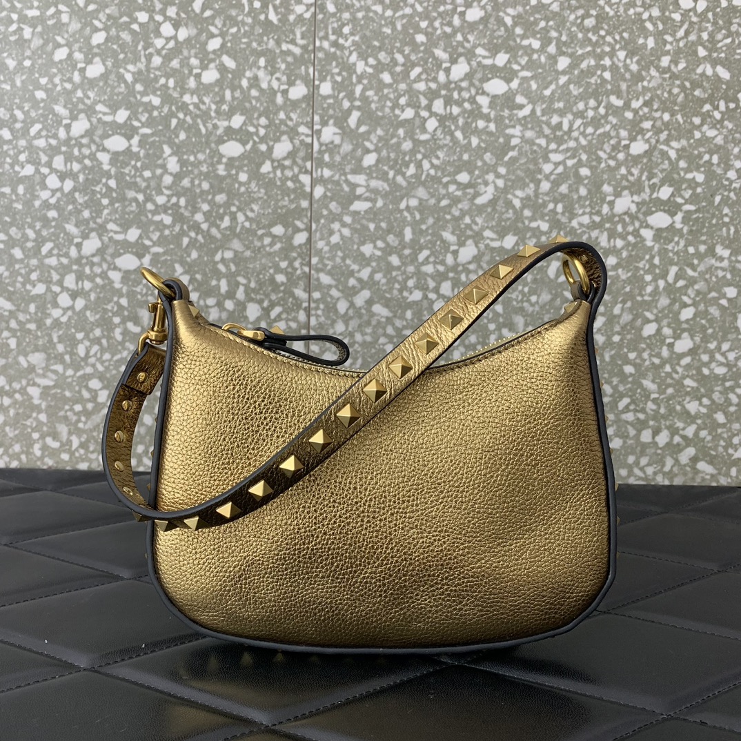 Valentino Garavani Rockstud Mini Hobo Bag in Gold Grainy Calfskin